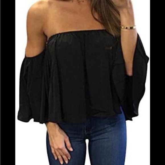 Black chiffon flowy off shoulder dressy boutique blouse top one size - Picture 4 of 6